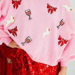 Christmas Bow Wine Glass Sequin Loose Long Sleeve Sweatshirt