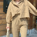 Solid Color Long Sleeve Crop Top with Pockets and High Waisted Nine-Quarter Pants Two-Piece Set