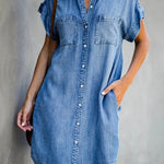 Nadorine Women's Denim Shirt Dresses Short Sleeve V Neck Jean Dress Button Down Casual Loose Fit Tunic Tops with Pockets