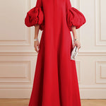 Loose Flower Shape Solid Color Stand Collar Lantern Sleeves Maxi Dresses
