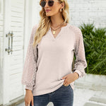Nadorine V Neck Tops Solid Color Blouse Long Sleeve Pullover Lace Patchwork Shirt