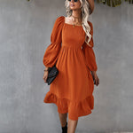 Solid Square Neck Bishop Sleeve Flounce Hem Dress