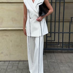 Loose Sleeveless Buttoned Contrast Color Shoulder Pad Zipper Notched Collar Vest Outerwear