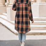 Nadorine Plaid Longline Button-Up Shacket Lapel Neck Long Sleeve Shirt Pocket