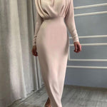 High Waisted Long Sleeves Pleated Solid Color Mock Neck Maxi Dresses Midi Dresses