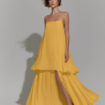 Women's Sunflower Yellow Chiffon Dress With Silhouette & Tiered Ruffle Hem, Timeless Romantic-Luxe Style Dress
