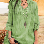 Nadorine Solid V-Neck Tees Lace Splicing Fold Blouse Flowy Casual Loose Fit Shirt