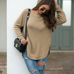 Nadorine Crew Neck Long Sleeve Slit Pullover Knit Sweater