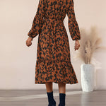 Long-sleeved Leopard Print Button Mid Dress with Belt