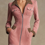 Western Retro Leopard Print Pink Faux Suede Zipper Tassel Midi Dress