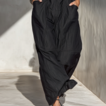Women's Black Linen Fabric Sleeveless Maxi Dress With Front Zipper & Wide-Leg Pants
