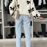 Bow Tie Round Neck Long Sleeve Knitted Cardigan