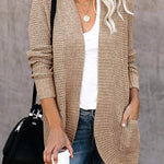 Long Sleeve Open Front Cardigans Curved Fly Pocket Sweater Outwear