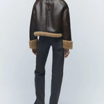 Insulated Faux Leather Jacket with Lapel Collar and Fur Sleeves