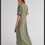 V Neck Short Sleeve Button Down Blouse Dress Tie Casual Long Maxi Dresses