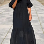 Linen Blend Ruffle Off Shoulder Puff Sleeve A-line Maxi Dress