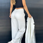 Sporty Mixed Formal Striped Trim Lapel Blazer and Elastic Waist Pocket Loose Pants Set