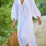 Solid Linen Blend Casual V Neck Balloon Sleeve Maxi Dress