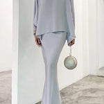 Batwing Sleeves Pearl Solid Color Round-Neck Shirts&Skirts Suits