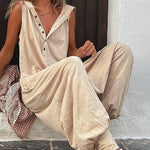 Solid Color Button Hood Sleeveless Jumpsuit