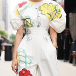 Half Sleeves Puff Sleeves Elasticity Flower Print Pleated Round-neck Blouses&shirts Tops