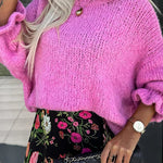 Solid Color Round Neck Ruffled Long Sleeve Knitted Sweater