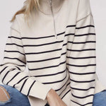 Mock Neck Zip-Up Striped Pullover Loose Sweater