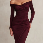 Burgundy Off-Shoulder Ruched Midi Dress