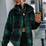 Plaid Zip Up Collared Plush Jacket