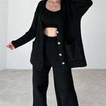 Elegant Three-pieces Knitwear Set Crop Vest Button Sweater Cardigant and Wide Leg Pant Outfits