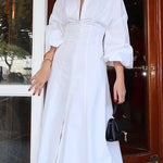 High Waisted Long Sleeves Buttoned Solid Color Lapel Maxi Dresses