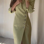 Elegant Look Linen Blend Stand Lapel Neck Half Sleeve Side Button Midi Dress