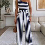 Women's Striped One Shoulder Jumpsuit Casual High Waisted Wide Leg Overalls