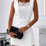 Women's Sleeveless Lace Patchwork Mini Dress Elegant French Square Neck High Waisted A-Line Cocktail Dress