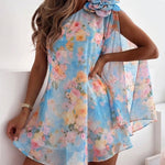 CHICME Women's Floral Print One-Shoulder Chiffon Dress 3D Floral Decor Split Sleeve Loose A-Line Mini Dress