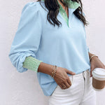 Women's Contrast Stripe Patchwork Blouse Frill Hem Stand Collar Puff Lantern Sleeve Shirred Cuff Pullover Shirt