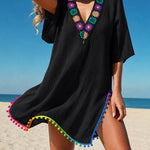Women's V Neck Beach Cover Up Pom Pom Trim Side Slit Sheer Caftan Causal Three Quarters Sleeve Swimwear