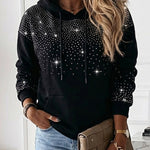 Women's Rhinestone Drawstring Hooded Sweatshirt Casual Sparkly Loose Fit Pullover