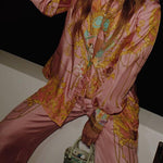 Margovil Unique Print Lantern Long Sleeves Blouse Shirt and Wide Leg Pants Holiday Outfit Set