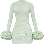 Ruffled Patchwork Long Sleeve High Neck Mini Dress