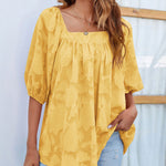 Nadorine Quare Neck Babydoll Tops 3/4 Puff Sleeve Lace Blouse Summer Floral Textured Shirts
