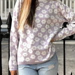 Mock Neck Floral Print Knitted Sweater Color Block Light Weight Sweater