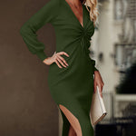 Sexy Drawstring V Neck Slit Long Sleeve Dress