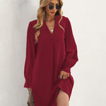Notch Neck Solid Tunic Dress V-Neck Puff Sleeve Mini Tunic Dress
