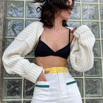 Puff Long Sleeve Rib Knit Short Fleece Cropped Cardigan