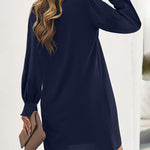 Notch Neck Solid Tunic Dress V-Neck Puff Sleeve Mini Tunic Dress