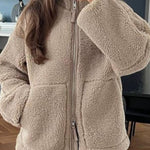 Stand-up collar zip-up lamb wool oversized coat