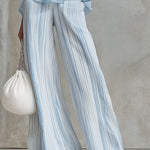 Vacation Light Blue Chiffon Sleeveless Top And Striped Wide-leg Pants Set