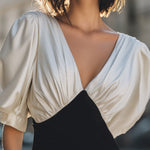 Elegant Two-Tone Puff Sleeve V-Neck Bodycon Mini Dress