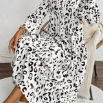 White Leopard Print Notch V Neck Loose Fit Maxi Dress